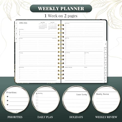 2026 Planner, A5 Weekly and Monthly Planners with Tabs, Spiral Bound Daily Calendar 2026 Planner, Agenda Organizers from Jan. to Dec., Hardcover Habit Tracker Journal 6.18" x 8.5" (Black Gold) thumbnail 5