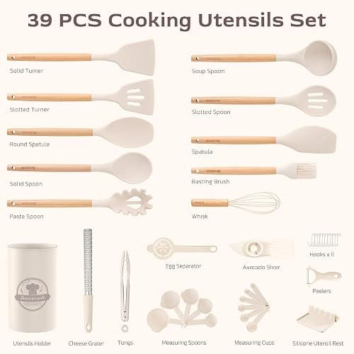Astercook Kitchen Utensils set, 39 PCS Silicone Cooking Utensils Set with Wooden Handle, 446°F Heat Resistant Food Grade Utensil Sets, BPA Free Kitchen Gadgets Tools Set for Nonstick Cookware (Cream) thumbnail 2