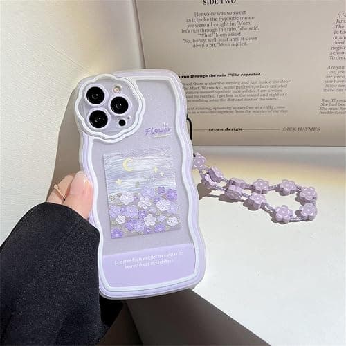 Fycyko Compatible with iPhone 14 Case with Cute Purple Flower Floral Pattern Design Aesthetic Women Teen Girls Flower Lens Protection Case for iPhone 14 +Chain-Flower thumbnail 5