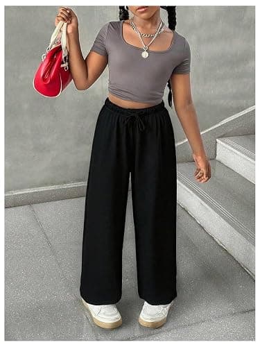 RoseSeek Girl's Sweatpants Drawstring Waist Wide Leg Pants Casual Athletic Trousers thumbnail 5