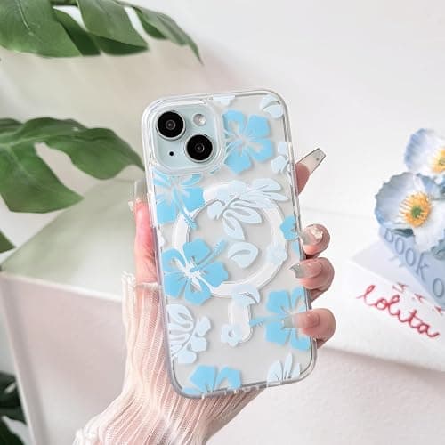 NITITOP Compatible with iPhone 15 Case Clear Magnetic Compatible with MagSafe Cute Hibiscus Flowers Floral for Women Girls Floral Hard PC Back Shockproof Protective Phone Cover - Blue thumbnail 4