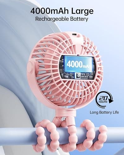 SWEETFULL Portable Stroller Fan with LED Display, 4 Speed Rechargeable Mini Clip On Fan, 360° Rotate Flexible Tripod Better Cooling Small Baby Fan for Car Seat Crib Travel Bike Treadmill (Pink) thumbnail 5