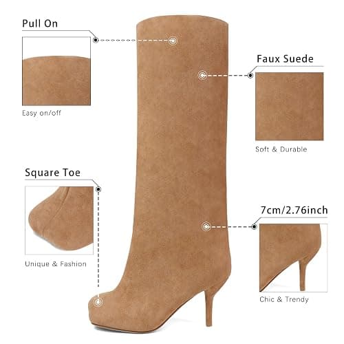 VOZTOLLS Women's Knee High Suede Boots for Women Wide Calf Square Toe Stiletto Heels Tall Boots Pull On High Heel Long Booties thumbnail 4