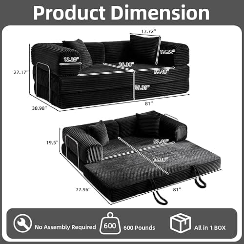 81 Inch Convertible Folding Sofa Bed,Fold Out Floor Sofa Couch with Fixed-Shape Frame,Corduroy Foldable Mattress Cloud Couch for Living Room Bedroom (Black) thumbnail 2