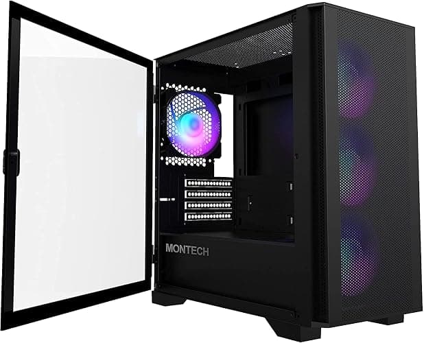 Montech AIR 100 ARGB Micro-ATX Tower with Four ARGB Fans Pre Installed, Ultra-Minimalist Design, Fine Mesh Front Panel, High Airflow, Unique Side Swivel Tempered Glass, Black - Image 1