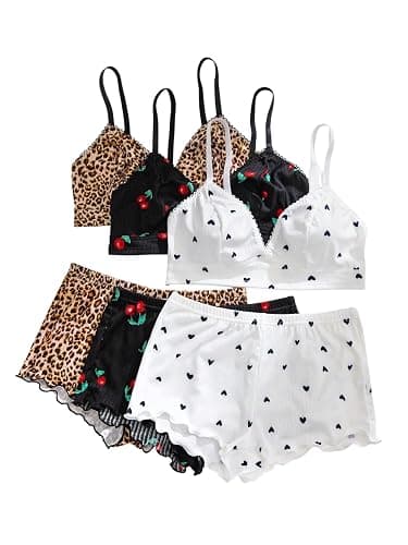 SOLY HUX Women's 6 Piece Lingerie Set Cute Lace Trim Bra and Boyshorts Sleepwear - Image 1