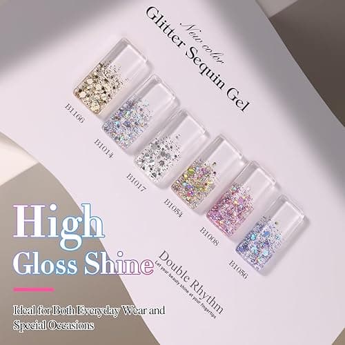 Double Rhythm 0.5 Oz Glitter Gel Polish Set of 6 Color with Display Board 15 ml Full Size Kit Shimmer Reflective Sparkle Soak Off Manicure Salon DIY at Home (Gold Blue Silver Purple Pink-T6-37) thumbnail 5