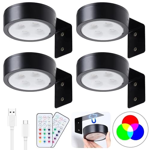 4 Pack Wireless Picture Lights for Wall,Rechargeable Picture Light Battery Operated with Remote,Dimmable Painting Light for Art Display,RGB Battery Wall Lights for Dartboard Photo Frame Gallery.Black - Image 1