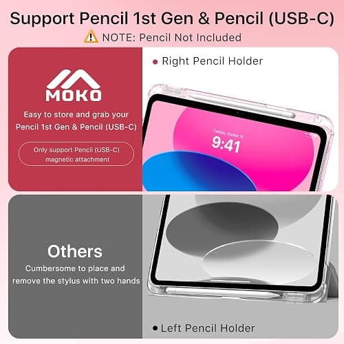 MoKo for iPad (A16) 11th Generation Case 11 Inch 2025, iPad 10th Generation Case 10.9 Inch 2022 with Pencil Holder, Slim Light Trifold Protective Cover with Hard PC Translucent Back Shell, Pink thumbnail 6