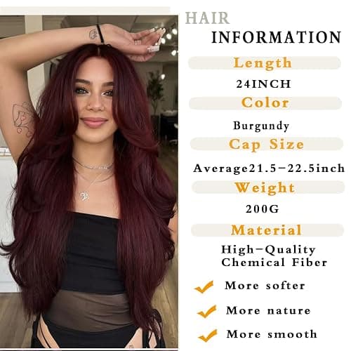 Jolelyne Red Layered Wavy Wig with Curtain Bangs for Black White Women Synthetic Long Burgundy Layered Wig Natural Looking Synthetic Heat Resistant Wigs for Daily Party UseButterfly Haircut Wigs(BUG) thumbnail 3