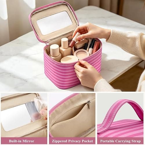 Hibilog Striped Makeup Bag with Built-in Mirror, Large Capacity Nylon Cosmetic Bag, Portable Travel Toiletry Organizer with Handle for Travel (Pink Stripe) thumbnail 5