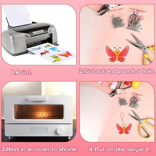 ASTARON Printable Shrinking Plastic Sheets Kit, 10 Pcs A4 Size Blank Heat Shrinking Film Art Paper, Hole Punch and 40 Lanyards, Shrink Keychain Jewelry Making Accessories Craft Supplies thumbnail 5