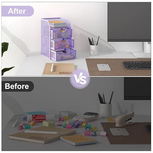 EasyPAG Mesh Desk Organizer with 3 Drawer Office Desktop Organizers and Accessories Stationery Caddy for Office, Home, Students, Purple thumbnail 6