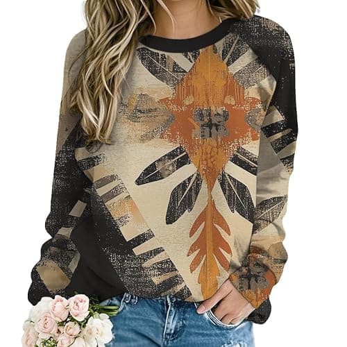 ZOCANIA Aztec Sweatshirt for Women Long Sleeve Cow Girls Outfits Womens Crewneck Loose Fit Women's Western Sweatshirts - Image 1