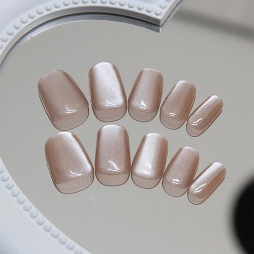 Square Press on Short Glossy Fake Nude Acrylic Nails - Shiny Ombre False Glossy Gel Glue on Squoval Stick on for Women Girls - Decoration 24 Pcs thumbnail 3