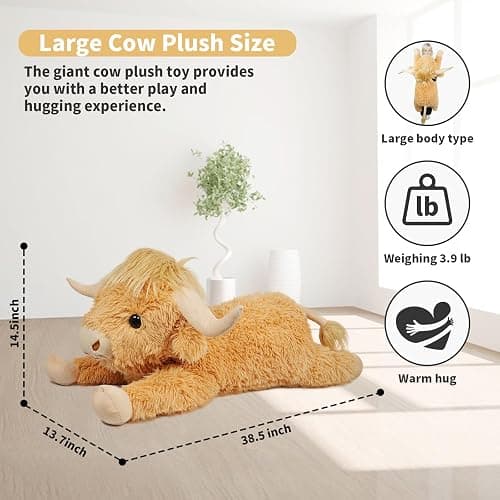 WDXDSOB 38.5 Inch Yellow Giant Highland Cow Plush Stuffed Animal - Large Cow Pillow Gift for Kids and Adults, Couch & Bed Decor thumbnail 3