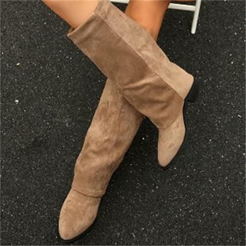 MJGkhiy Botas de mujer de invierno con tacón cómodas botas de gamuza elegantes cálidas botas hasta la rodilla marrones botines con polainas solapa vintage otoño negro botas vaquero thumbnail 6