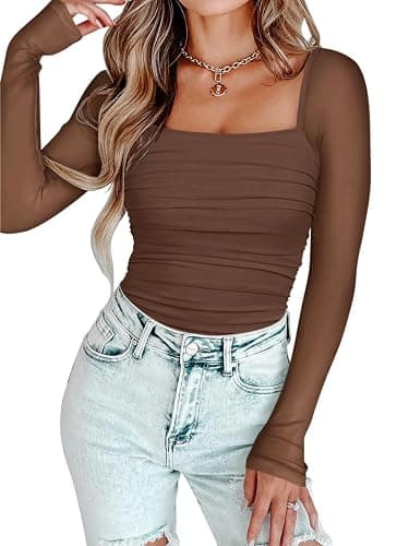 PINKMSTYLE Womens Square Neck Mesh Long Sleeve Bodysuit - size small thumbnail 3