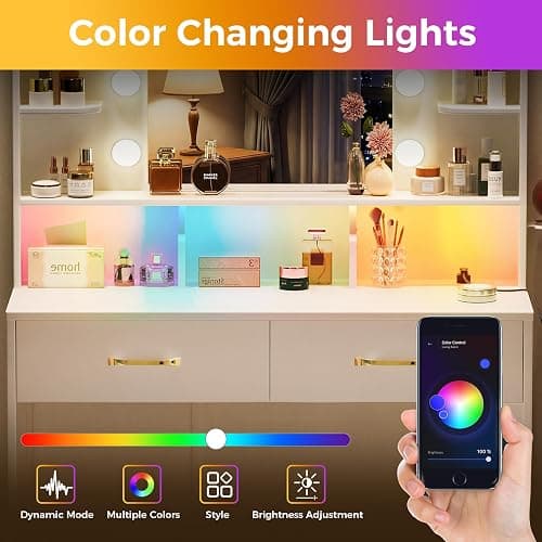 LUCKRACER Vanity Desk with LED Lights Mirror & Charging Station, Makeup Vanity with Storage Drawers and Shelves, Modern Dressing Table for Women Girls Bedroom, Ivory White thumbnail 4