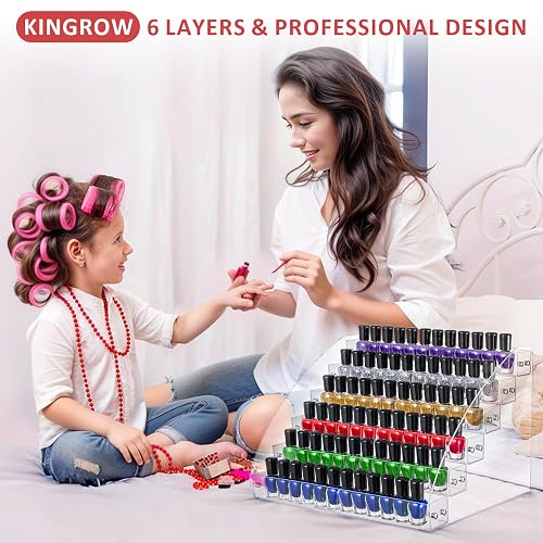 KINGROW Nail Polish Organizer Holder Rack 6 Layers Acrylic Display Rack Eyeglasses Shelf Essential Oils Ink Storage Holds Up to 96 (Fit 1-2oz Bottles) thumbnail 4