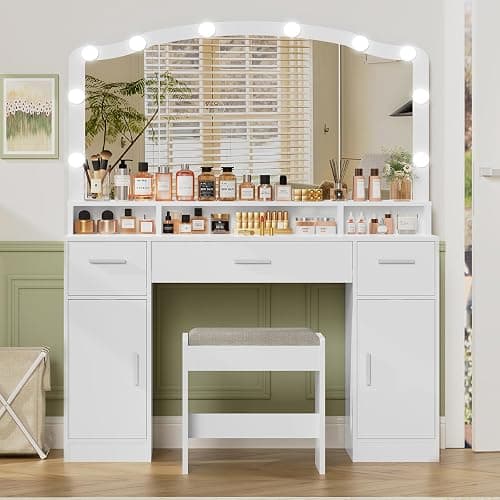 usikey Large Vanity with Mirror and Light, Dressing Table Set with 3 Drawers, 2 Cabinets and 10 LED Bulbs Dresser with Stool for Women,Bedroom,Bathroom, White - Image 1