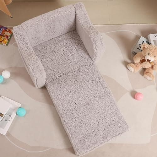 MOMCAYWEX Kids Sofa, 2-in-1 Flip-Out Foam Couch with Soft Sherpa Cover, Cozy Play Lounge Chair, Grey thumbnail 2