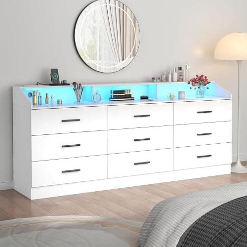 9 Drawers Dresser for Bedroom with Power Outlet,Modern Dresser w/ LED Light | Chest of Drawers, Dressers with Open Storage Cubby, Triple Wide Dressers Organizer for Living Room thumbnail 6