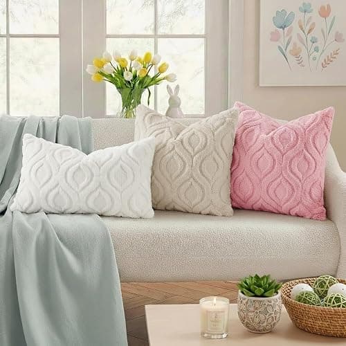 decorUhome Set of 2 Faux Fur Cushion Covers 45x45 cm, Decorative Soft Plush Fluffy Velvet Cushion Cover 18X18 Inch,Square Boho Neutral Pillow case for Sofa, Beige thumbnail 3