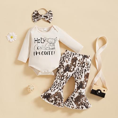 TheFound Infant Baby Girl Clothes Newborn Ruffle Long Sleeve Ribbed Romper Print Bell Bottom Toddler Baby Fall Winter Outfit thumbnail 3