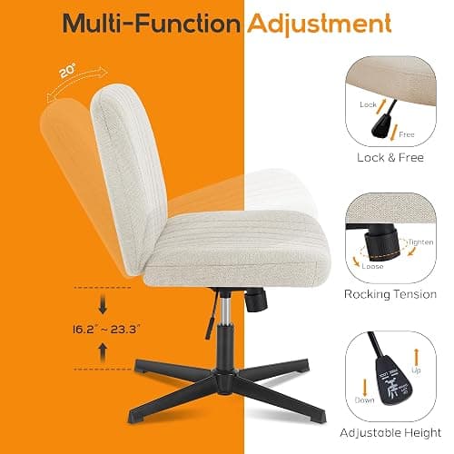 DUMOS Criss Cross Chair Legged Office Wide Comfy Desk Seat, No Wheels Armless Computer Task Seating, Swivel Vanity Home Height Adjustable - Modern - Beige thumbnail 4