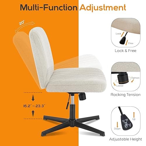 DUMOS Criss Cross Chair Legged Office Wide Comfy Desk Seat, No Wheels Armless Computer Task Seating, Swivel Vanity Home Height Adjustable - Beige - Modern thumbnail 4