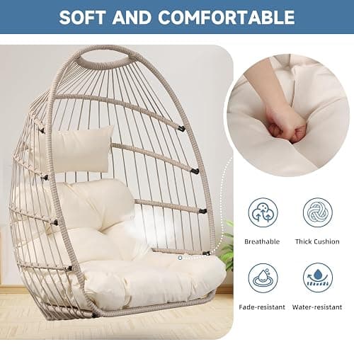 Goutime Hanging Egg Chair with Stand and Waterproof Cover, Foldable Egg Swing Chair with UV Resistant Cushion 450lbs Capacity for Indoor Bedroom Garden Backyard (Apricot Gray) thumbnail 4