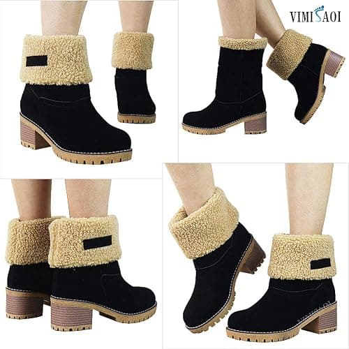 VIMISAOI Winter Boots for Women, Comfortable Slip On Mid Chunky Heel Suede Warm Snow Ankle Boots Outdoor Shoes thumbnail 4