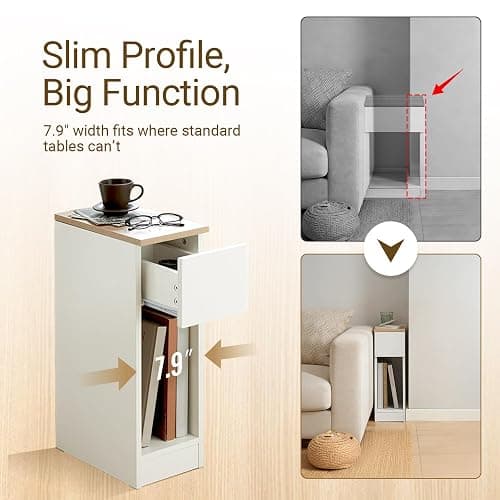 SoBuy Set of 2 Nightstand Narrow Night Stand Modern Design Bedside Furniture Slim End Table Storage Cabinet with Sliding Drawer and Open Compartment, White & Natural FBT111-WNX2 thumbnail 5