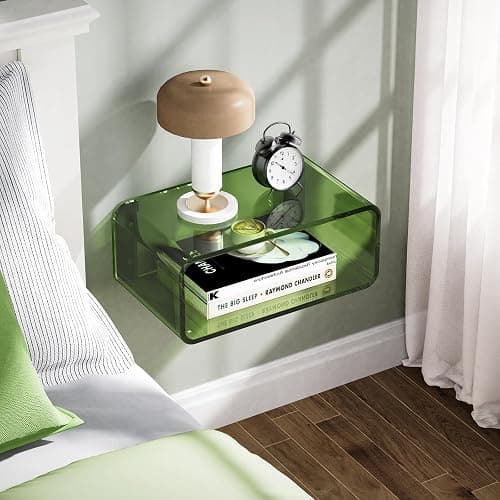 Acrylic Floating Nightstand, Bedside Table, Nightstand Shelf Wall Mounted Bedside Shelf (Green, Small) thumbnail 2