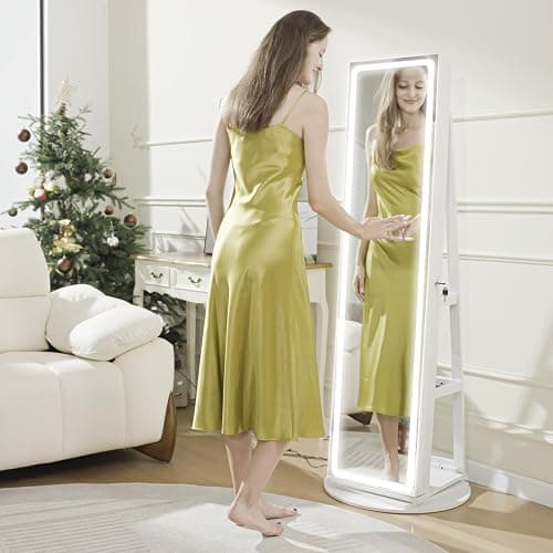 TJYGO LED Mirror Jewelry Cabinet Standing, Swivel Jewelry Armoire with Full Length LED Mirror and Adjustable Lights, Lockable Standing Jewelry Storage Organizer, White thumbnail 2