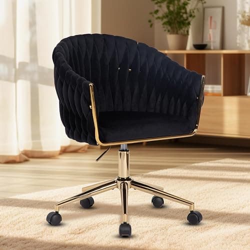 Comermax Velvet Office Chair with Hand Woven, Black Vanity Chairs with Golden Wheels, 360° Swivel Home Office Desk Chair Computer Chairs, Accent Chair Makeup Chair for Bedroom, Living Room(Black) thumbnail 2