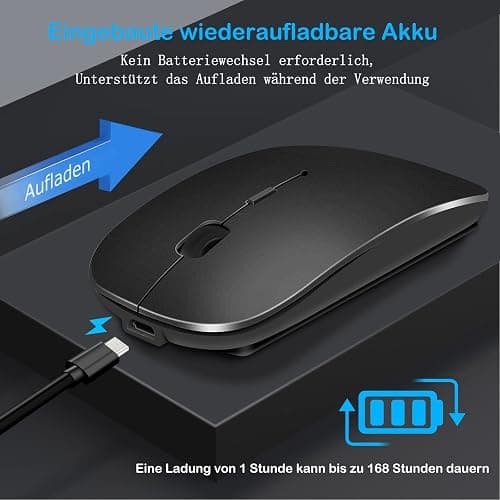 QYFP Souris Bluetooth rechargeable sans fil compatible avec MacBook Pro/Air/Android/iOS tablette/ordinateur portable/PC/Mac/ordinateur, noir thumbnail 2