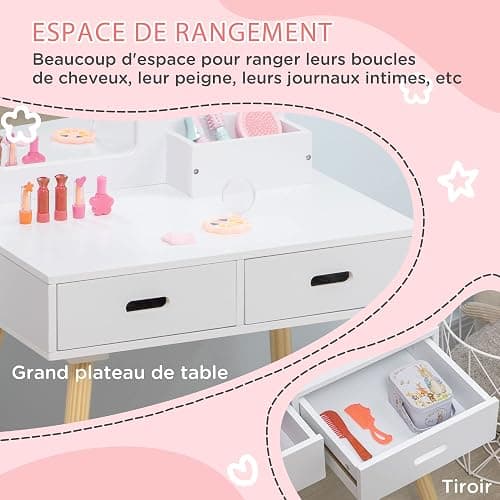 ZONEKIZ Coiffeuse Enfant Table de Maquillage avec Tabouret Miroir et 2 tiroirs 3 à 6 Ans - 60 x 40 x 95 cm - Blanc et Bois thumbnail 5