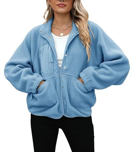 Yanekop Womens Fleece Jacket Fuzzy Long Sleeve Short Winter Coats Button Down Sherpa Jacket Outerwear with Pockets thumbnail 3