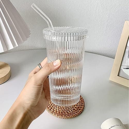 YAHUIPEIUS Glass Tumbler Stripe Glass Cup Coffee Cup With Lid and Straw LIDS DON'T SECURE 12.5 oz Drinking Glasses for Water,Iced Coffee,Milk,Tea,Juice (A-Stripe) thumbnail 4