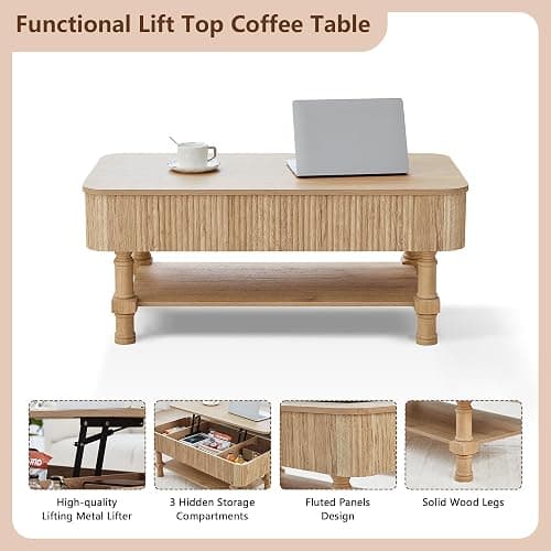 39” Large Lift Top Coffee Table with Hidden Storage Compartment, Fluted Coffee Tables Fully Assembled Wooden Center Table, Mid Century Modern Lift Tabletop Dining Tables for Living Room Office,Natural thumbnail 3