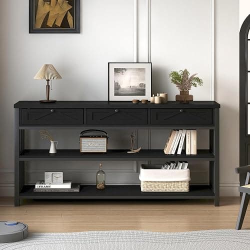 HSH Black Entryway Table with Drawers, 55” Sofa Table with Storage for Living Room, 3 Tier Console Tables with Shelves for Entrance, Wood Metal Entry Hallway Table Behind Couch, Black Oak, 55 Inch thumbnail 8