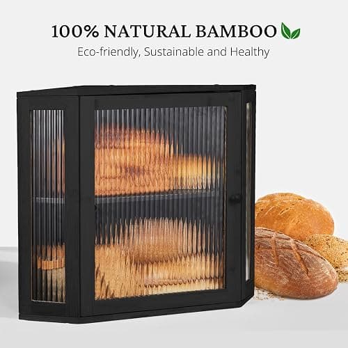 BRONYPRO Double Layer Corner Bread Box for Kitchen Counter with Height-adjustable Partition, Large Black Bamboo Wooden Bread Box for Multiple Loaves, Modern Breadbox for Kitchen Countertop thumbnail 5