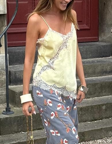 Women Lace Trim Satin Tank Top V Neck Silk Camisole Tops Asymmetrical Backless Spaghetti Strap Tank Shirts Date Outfits thumbnail 9