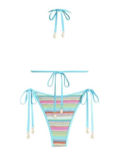 ZAFUL Women's Colorblock Stripes Triangle Halter Tied Cheeky Thong Bikini Set High Cut Two Piece Bathing Suit thumbnail 2