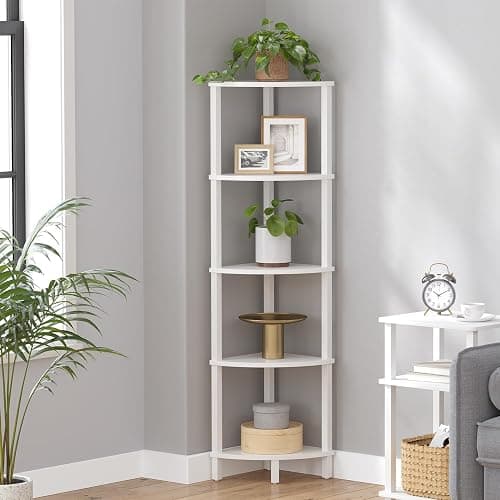 VIMBER Corner Shelf, 5-Tier Corner Bookshelf, Industrial Corner Ladder Shelf, Modern Display Shelf for Living Room, Bedroom, Kitchen, Home Office, White UJSJ001W thumbnail 3