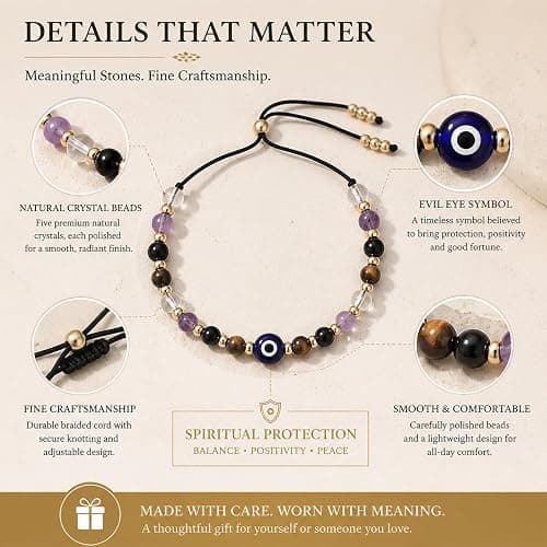 Evil Eye Bracelet, Adjustable Evil Eye Bracelet With 5 Natural Crystal Beads, Spiritual Protection Bracelet For Women And Men, Good Luck Stone Jewellery Gift With Meaning Card, Everyday Wear Meditatio thumbnail 3