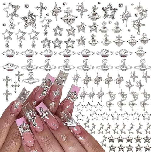 120+ Pcs Star Nail Charms Rhinestones Gems, Silver Star Planet Cross Nail Art Decorations Shiny Jewelry for Acrylic Nail Accessories for Women Girl Manicure DlY Crafts Supplies - Silver - Image 1