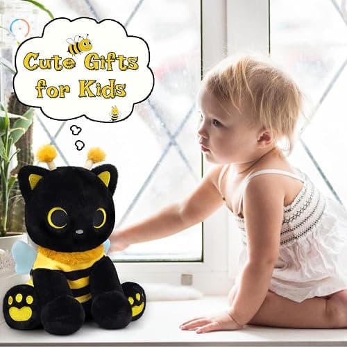 Hagusahuo Cat Plush Toy, 8inch Kawaii Black Cat Plush with Honeybee Outfit Costume, Valentines Day Gift for Her Him, Soft Huggable Plushies Toy for Kids Birthday Gifts thumbnail 6